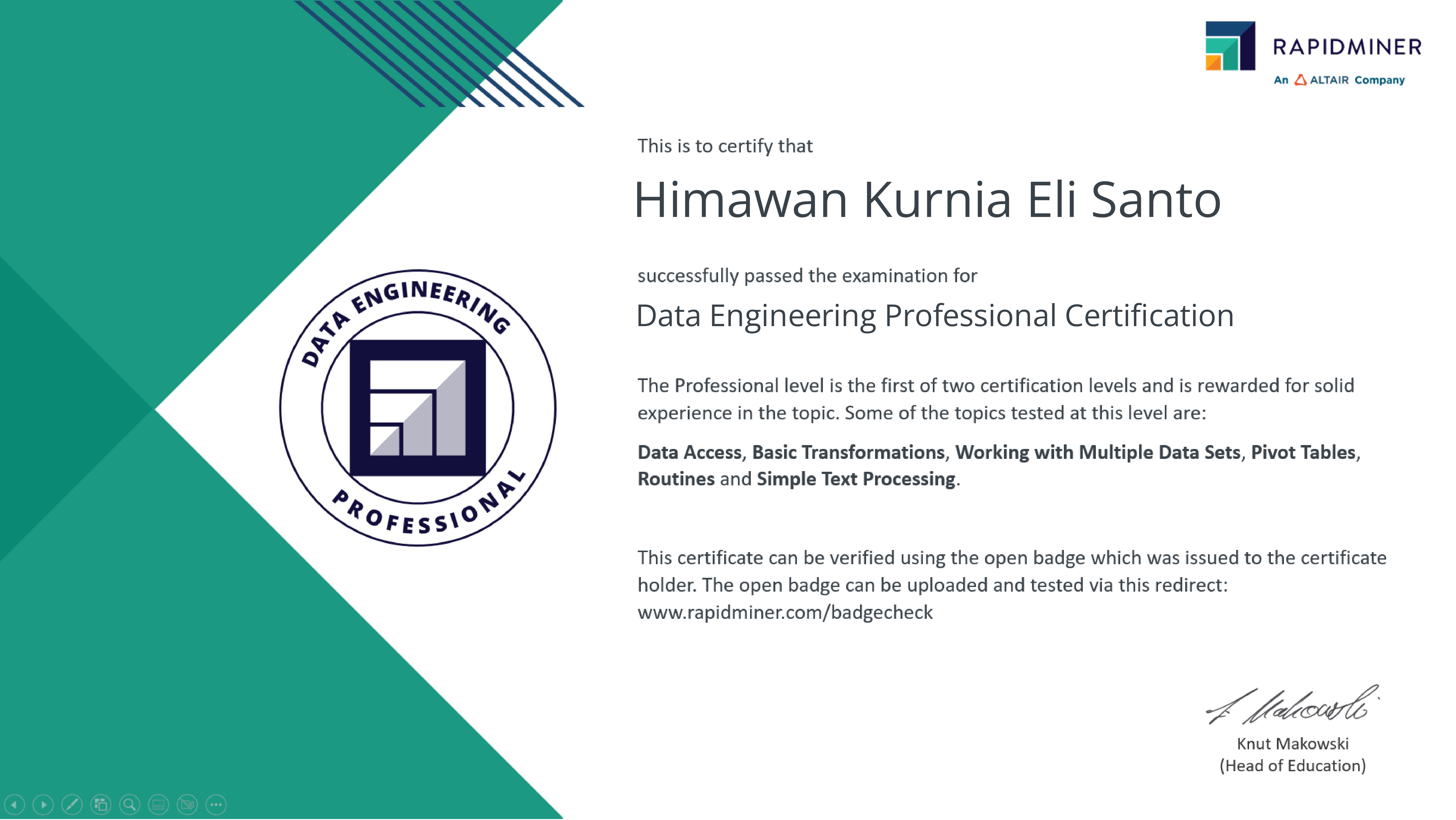 Data Engineering Professional Certification by RapidMiner
