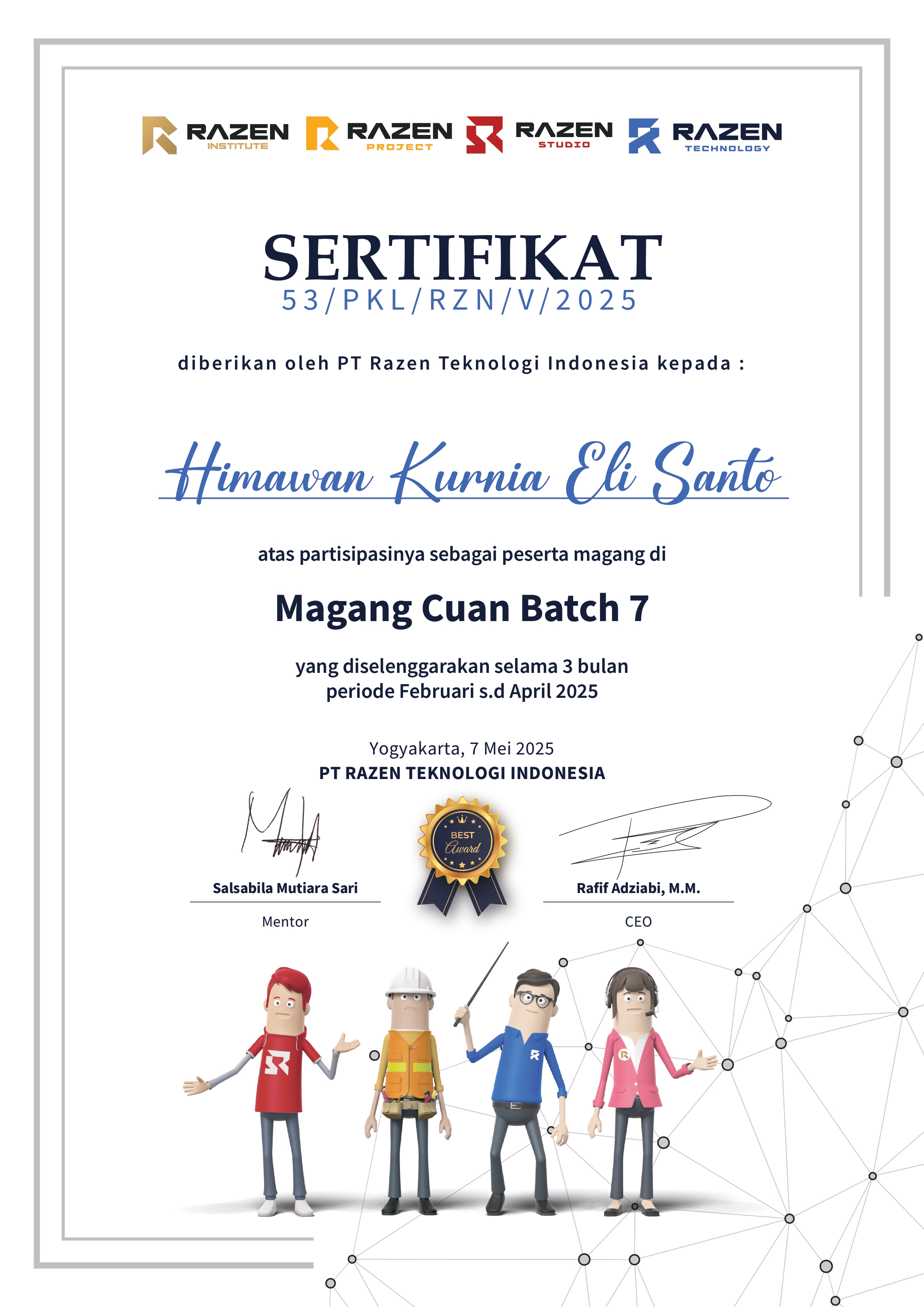 Certificate for internship program at PT Razen Teknologi Indonesia